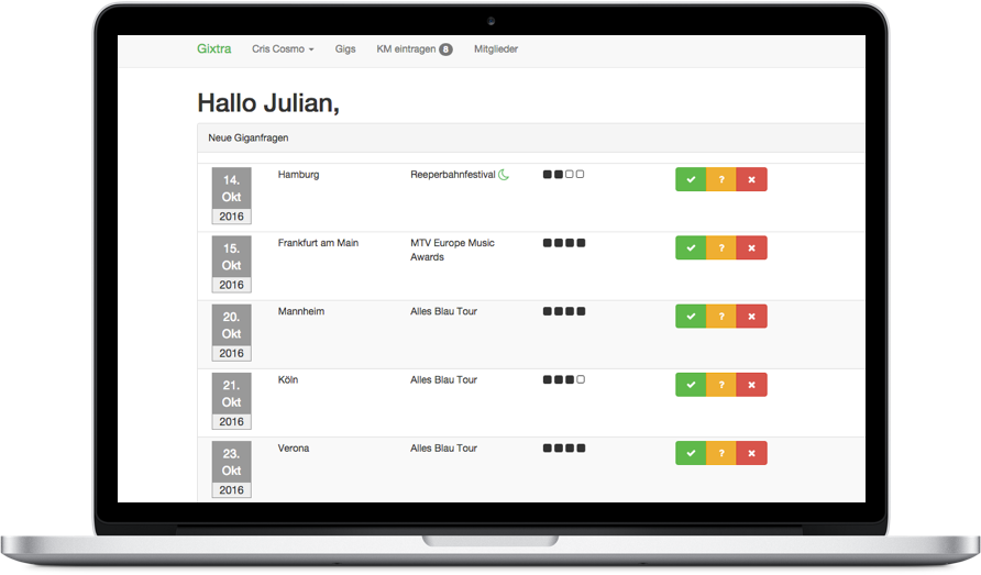 Gixtra dashboard with gigs, lineup replies, and all key gig details