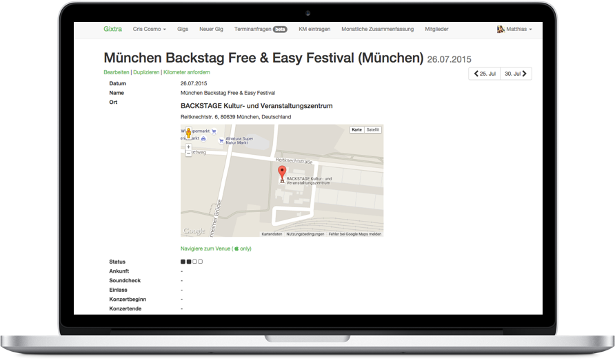 Gixtra gig details page with venue address, times, and key booking details