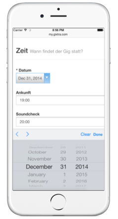 Mobile Gixtra view with current gigs and relevant dates